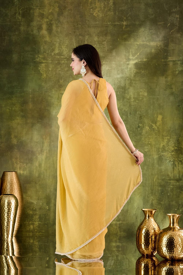 Yellow Solid With Lace Border Silk Blend Ready to Wear Saree (ACA7409)