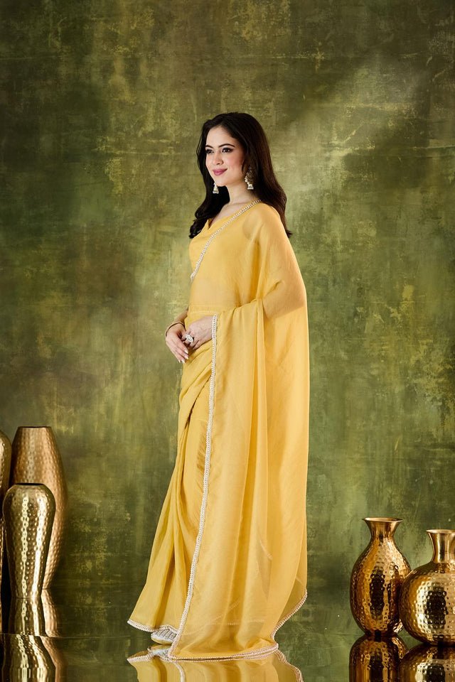 Yellow Solid With Lace Border Silk Blend Ready to Wear Saree (ACA7409)
