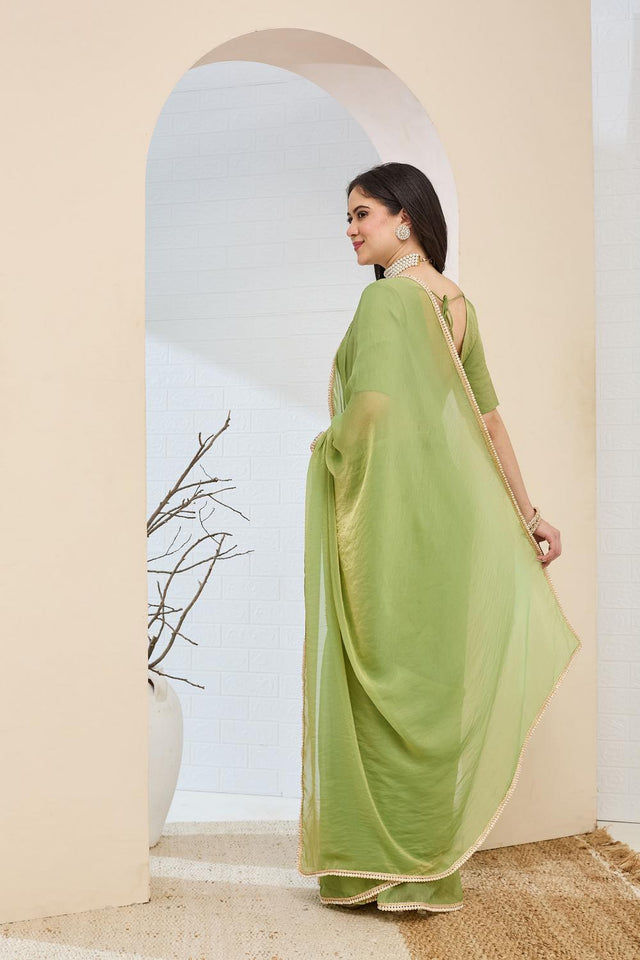 Green Solid With Lace Border Silk Blend Ready to Wear Saree (ACA7410)