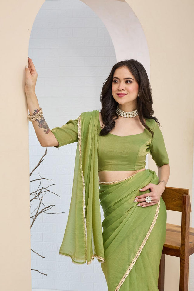 Green Solid With Lace Border Silk Blend Ready to Wear Saree (ACA7410)