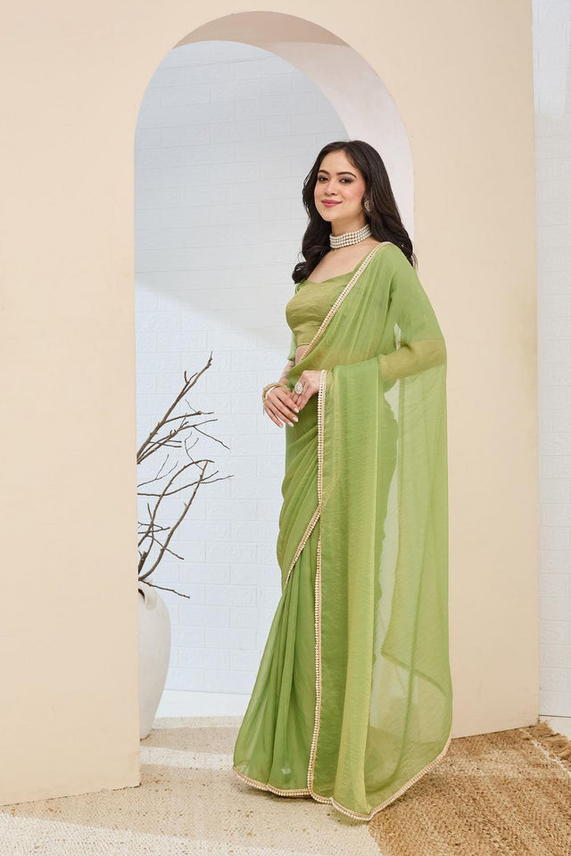Green Solid With Lace Border Silk Blend Ready to Wear Saree (ACA7410)