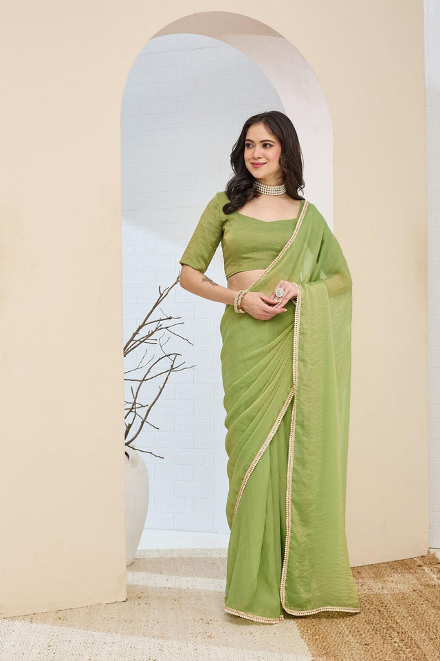 Green Solid With Lace Border Silk Blend Ready to Wear Saree (ACA7410)