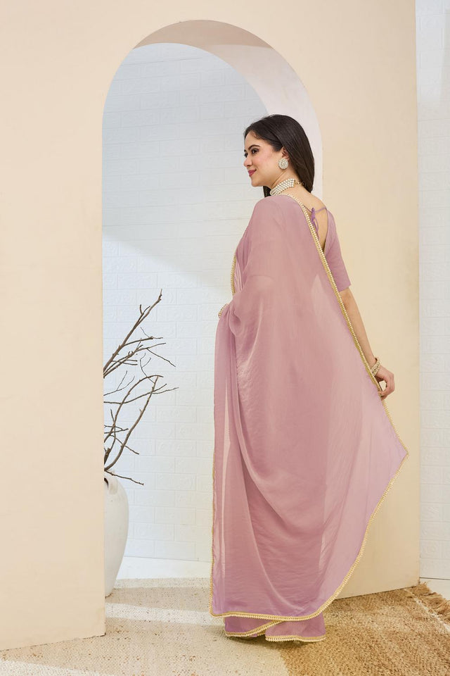 Pink Solid With Lace Border Silk Blend Ready to Wear Saree (ACA7411)