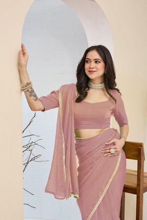 Pink Solid With Lace Border Silk Blend Ready to Wear Saree (ACA7411)