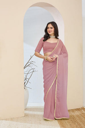Pink Solid With Lace Border Silk Blend Ready to Wear Saree (ACA7411)