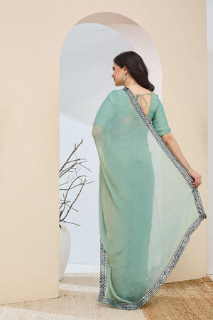Turquoise Solid With Lace Border Silk Blend Ready to Wear Saree (ACA7412)