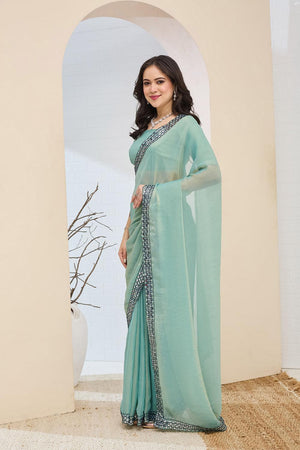 Turquoise Solid With Lace Border Silk Blend Ready to Wear Saree (ACA7412)