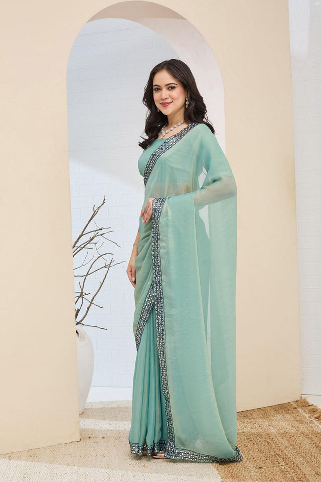 Turquoise Solid With Lace Border Silk Blend Ready to Wear Saree (ACA7412)
