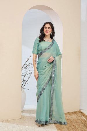 Turquoise Solid With Lace Border Silk Blend Ready to Wear Saree (ACA7412)