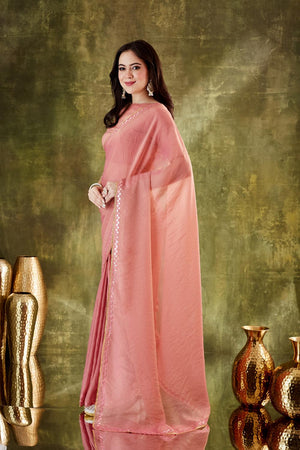 Peach Solid With Lace Border Silk Blend Ready to Wear Saree (ACA7413)
