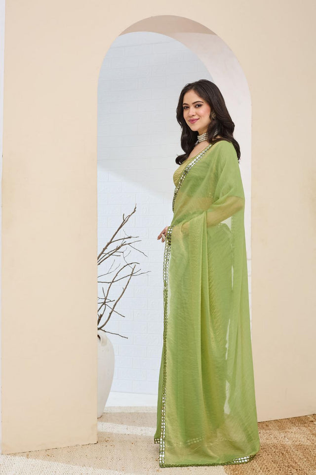 Green Solid With Lace Border Silk Blend Ready to Wear Saree (ACA7414)
