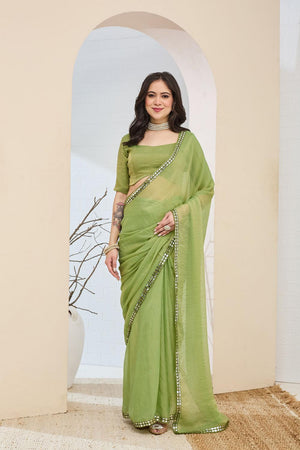 Green Solid With Lace Border Silk Blend Ready to Wear Saree (ACA7414)
