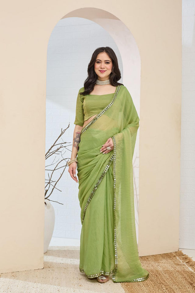 Green Solid With Lace Border Silk Blend Ready to Wear Saree (ACA7414)