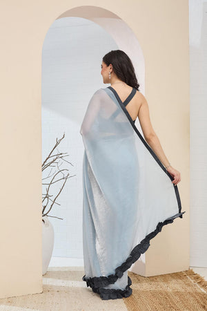 Blue Solid With Lace Border Silk Blend Ready to Wear Saree (ACA7415)