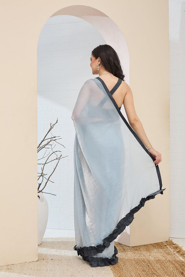 Blue Solid With Lace Border Silk Blend Ready to Wear Saree (ACA7415)