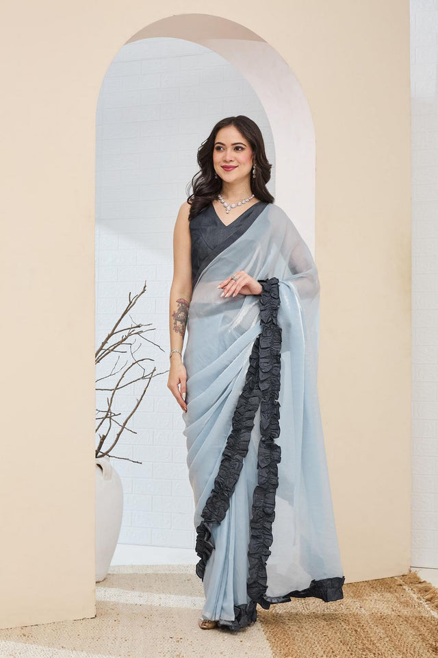 Blue Solid With Lace Border Silk Blend Ready to Wear Saree (ACA7415)