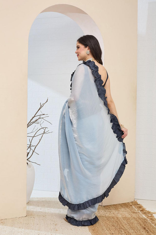 Blue Solid With Lace Border Silk Blend Ready to Wear Saree (ACA7416)