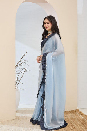 Blue Solid With Lace Border Silk Blend Ready to Wear Saree (ACA7416)