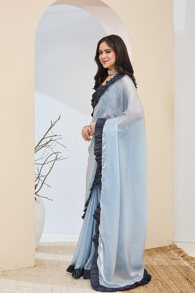 Blue Solid With Lace Border Silk Blend Ready to Wear Saree (ACA7416)