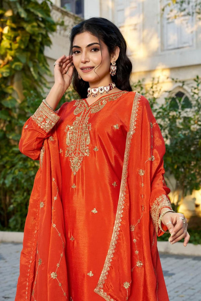 Free Size Stitched Orange Sequin with Embroidered Chinon Palazzo Suit (ACA7417)