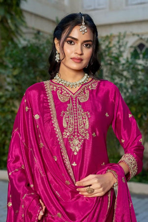 Free Size Stitched Pink Sequin with Embroidered Chinon Palazzo Suit (ACA7418)