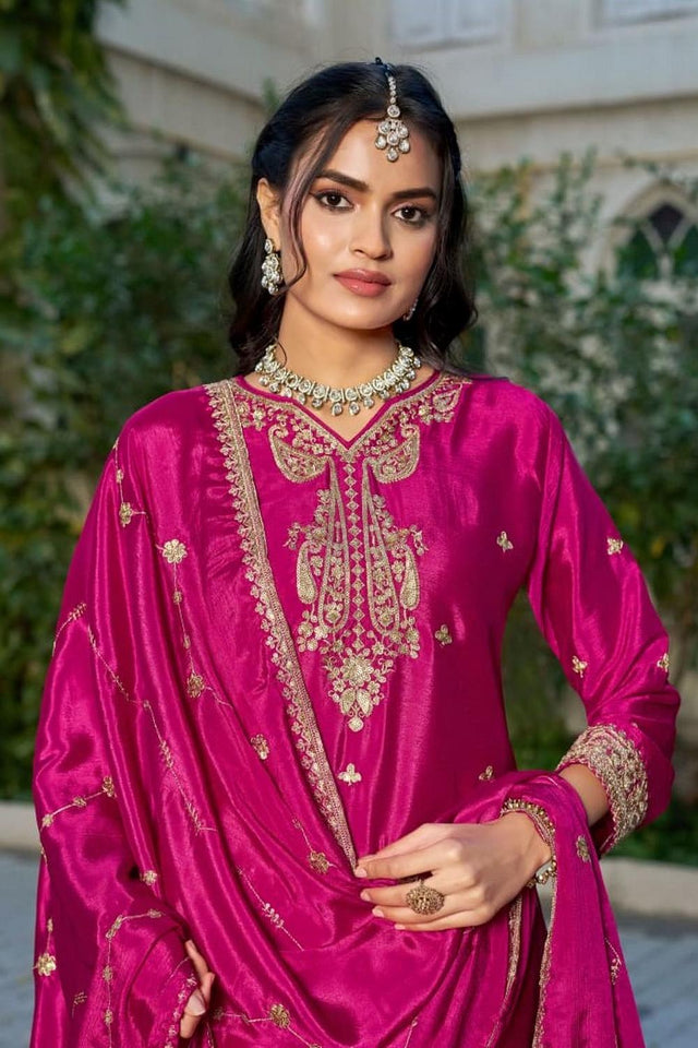 Free Size Stitched Pink Sequin with Embroidered Chinon Palazzo Suit (ACA7418)