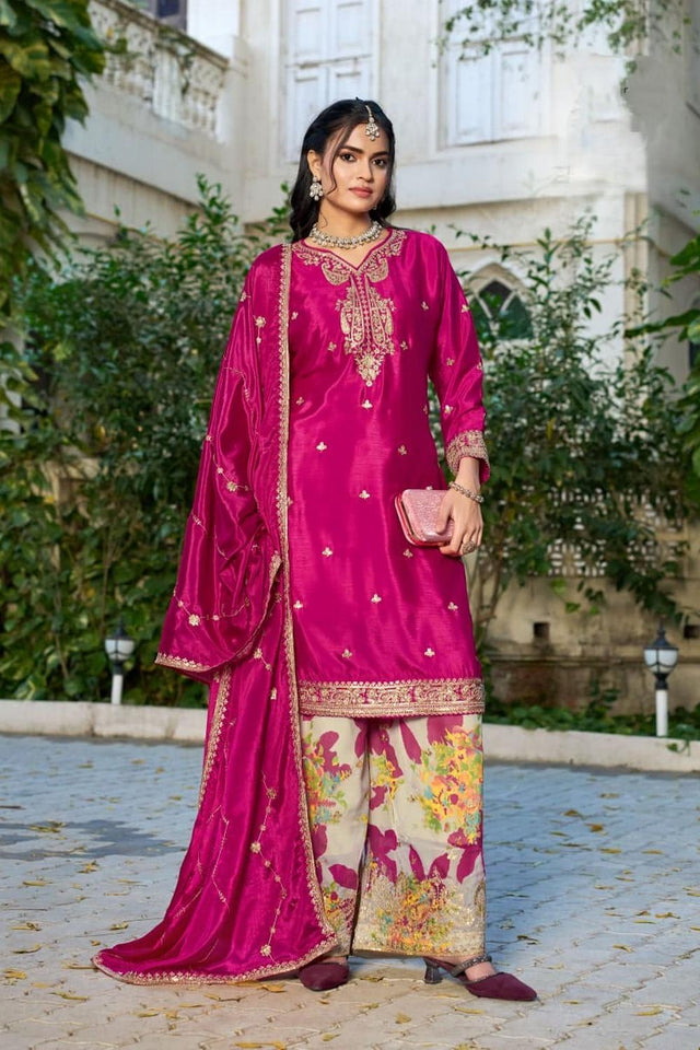 Free Size Stitched Pink Sequin with Embroidered Chinon Palazzo Suit (ACA7418)