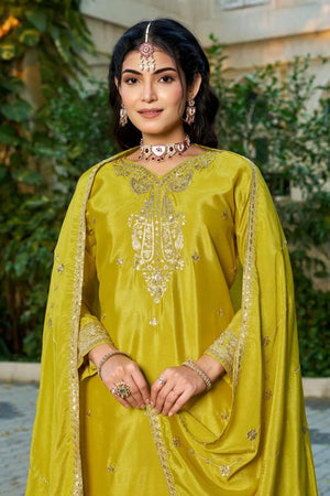 Free Size Stitched Mustard Sequin with Embroidered Chinon Palazzo Suit (ACA7419)
