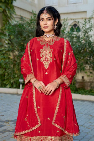 Free Size Stitched Red Sequin with Embroidered Chinon Palazzo Suit (ACA7420)