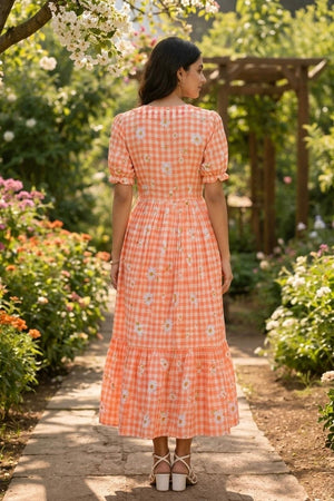 Orange Floral Printed Muslin Dress (ACA7421)