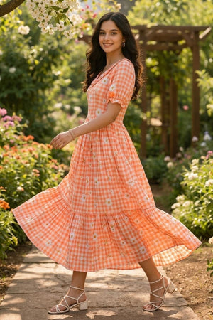 Orange Floral Printed Muslin Dress (ACA7421)
