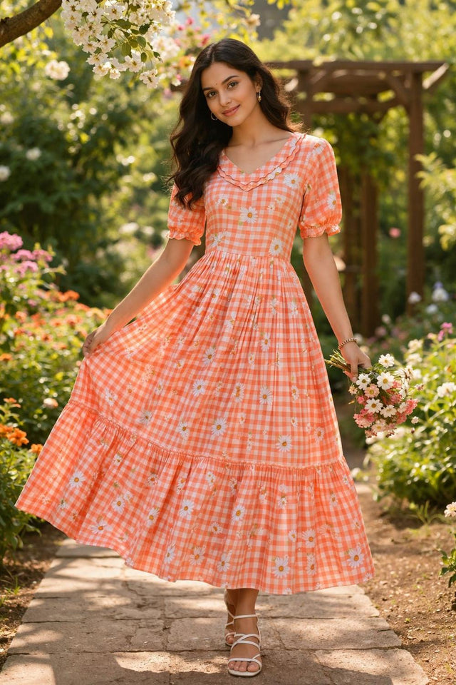 Orange Floral Printed Muslin Dress (ACA7421)