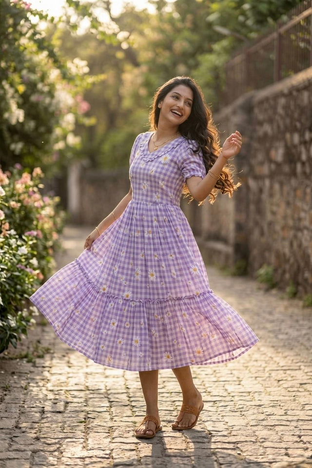 Violet Floral Printed Muslin Dress (ACA7422)