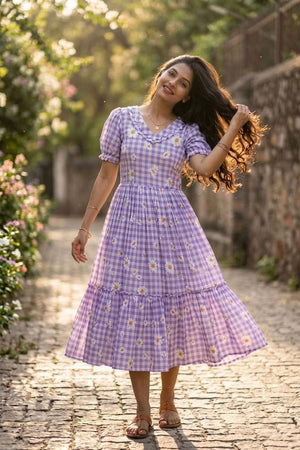 Violet Floral Printed Muslin Dress (ACA7422)