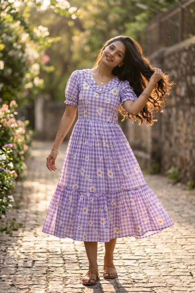 Violet Floral Printed Muslin Dress (ACA7422)