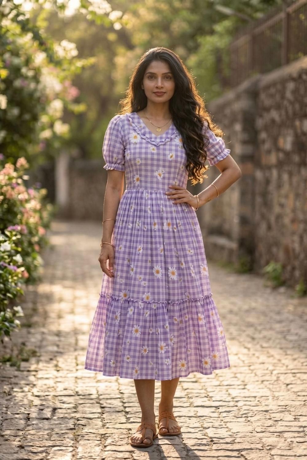 Buy Violet Floral Printed Muslin Dress (ACA7422) Online