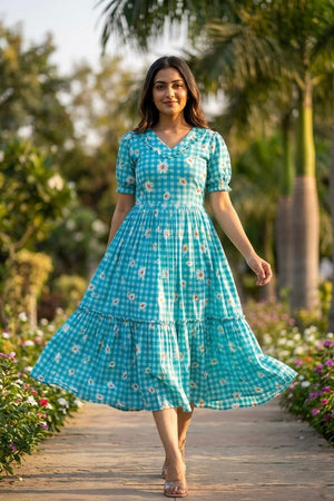 Blue Floral Printed Muslin Dress (ACA7423)
