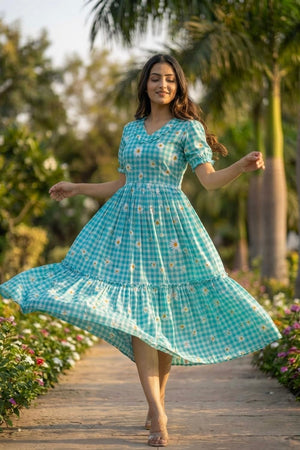 Blue Floral Printed Muslin Dress (ACA7423)