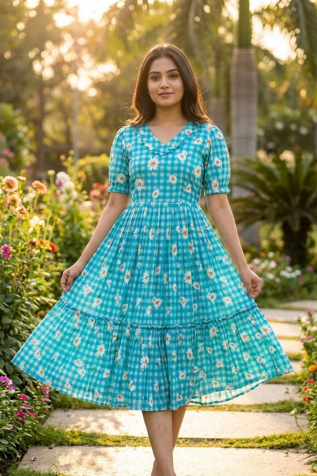 Blue Floral Printed Muslin Dress (ACA7423)