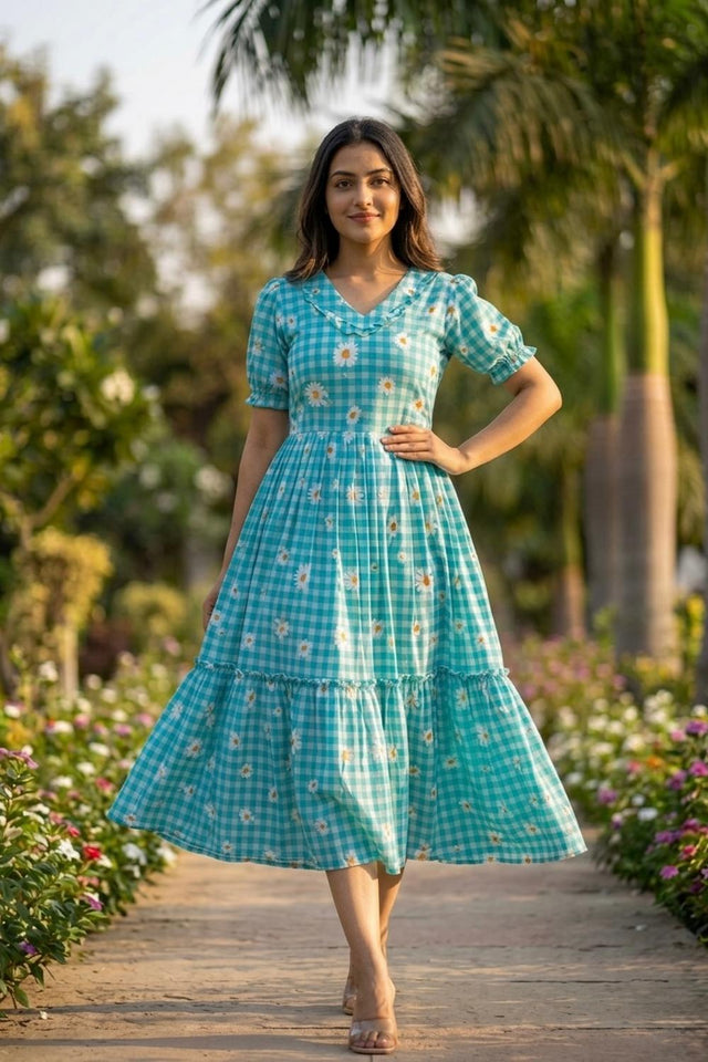 Blue Floral Printed Muslin Dress (ACA7423)