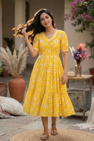 Yellow Floral Printed Muslin Dress (ACA7424)