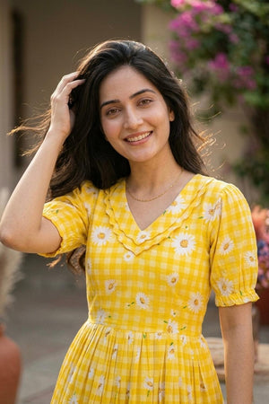 Yellow Floral Printed Muslin Dress (ACA7424)
