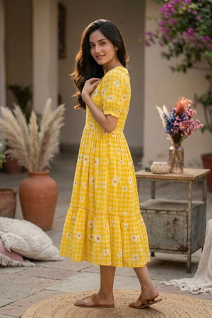 Yellow Floral Printed Muslin Dress (ACA7424)