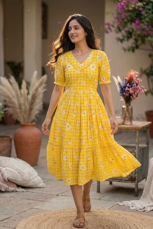 Yellow Floral Printed Muslin Dress (ACA7424)