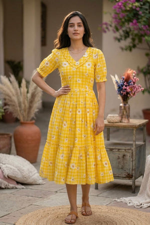Yellow Floral Printed Muslin Dress (ACA7424)