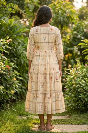Cream Floral Printed Muslin Dress (ACA7425)