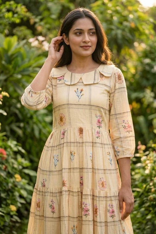 Cream Floral Printed Muslin Dress (ACA7425)