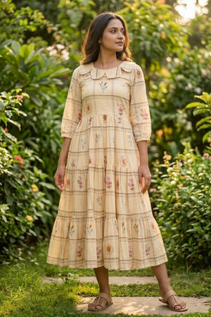 Cream Floral Printed Muslin Dress (ACA7425)