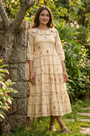 Cream Floral Printed Muslin Dress (ACA7425)