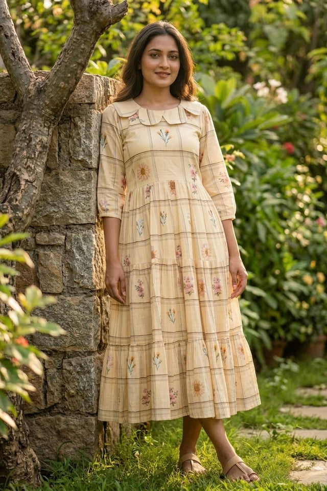 Cream Floral Printed Muslin Dress (ACA7425)
